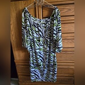 Lady Zebra Print Midi Off Shoulder 3/4 Flared SlitSleeve Tapered Bottom Sz Large